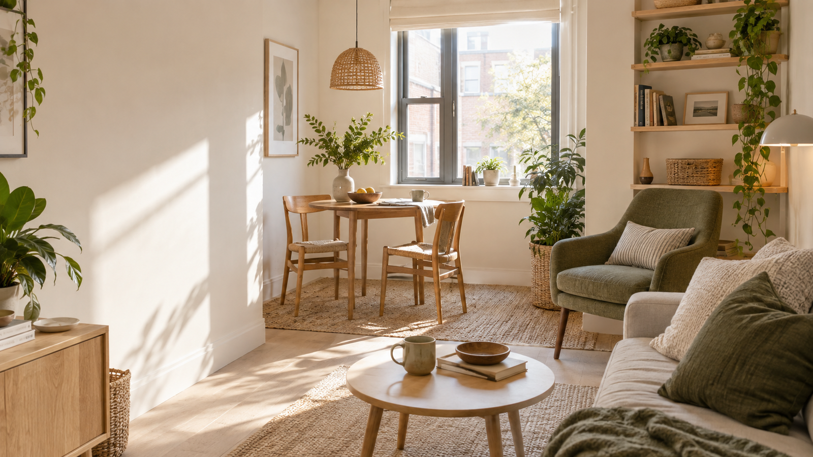 Bright small apartment with natural wood furniture and practical storage