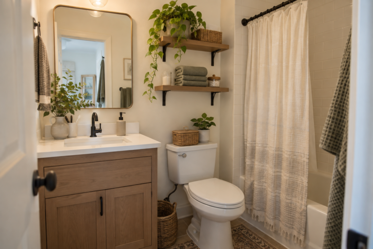 Organized small bathroom with towels and everyday essentials stored neatly