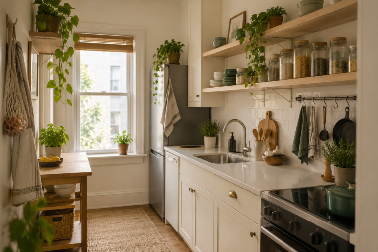 Organized small kitchen with open shelves and clear work surfaces